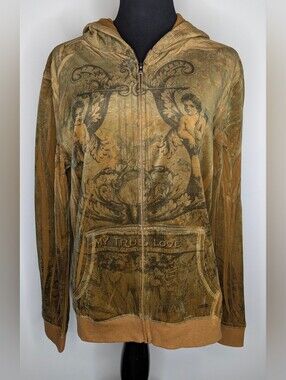 Y2K Republic Industry Women's L Velour Cherub Grunge Brown/Gold Full Zip Hoodie
